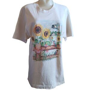 Women's Large Vintage T-Shirt Single Stitch Granny Sunflower & Bird Print USA